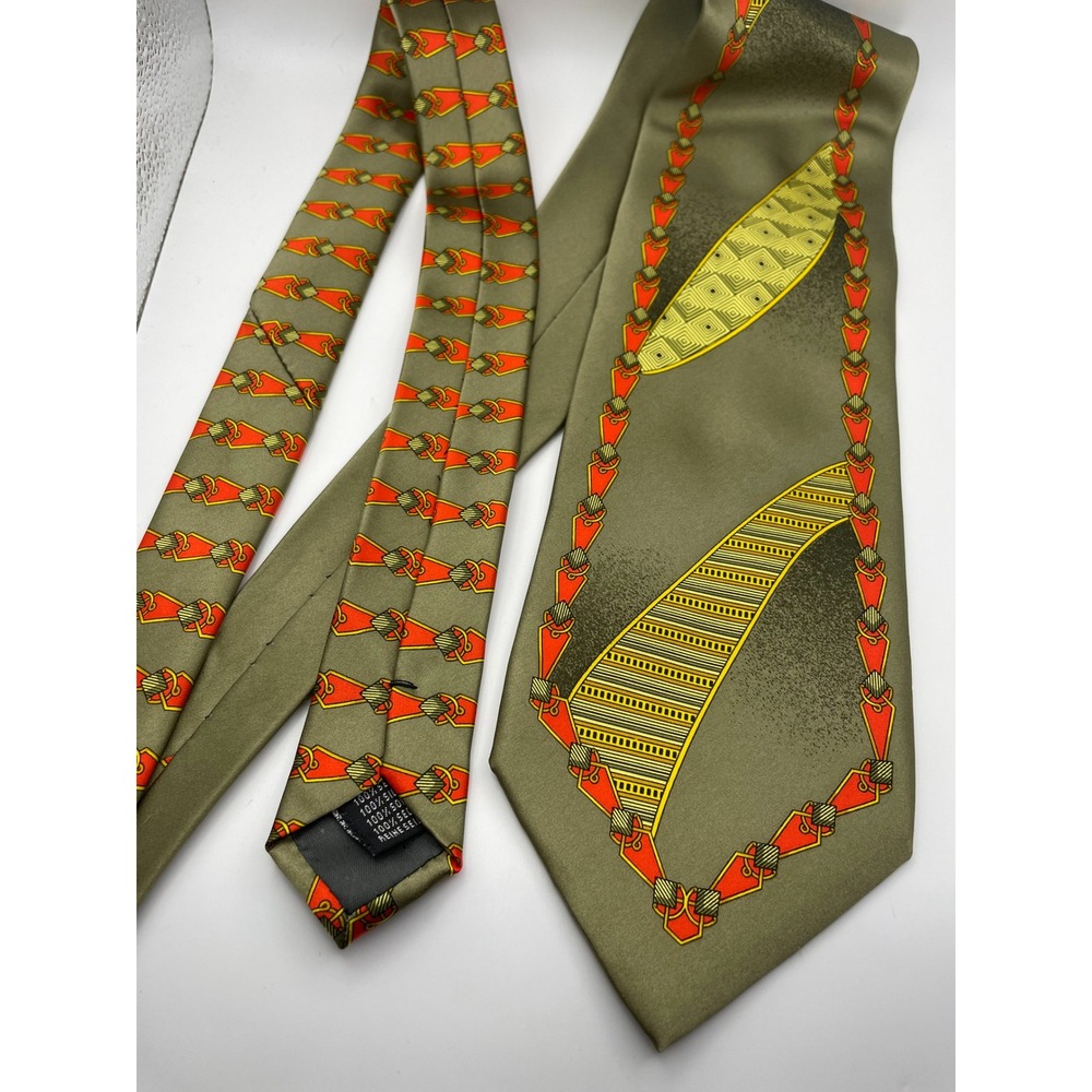 Enrico Venturi Silk Tie Mens Olive Green Orange Geometric Chain Made in Italy